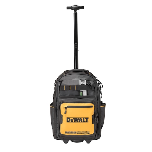 A black and yellow DEWALT rolling backpack with multiple compartments, a telescopic handle, side pockets, and water resistant features, photographed against a white background.