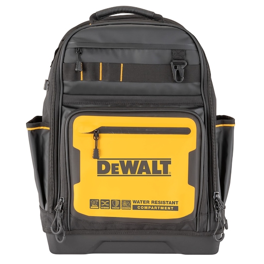 DEWALT black and yellow photography backpack with water resistant compartment and multiple pockets.