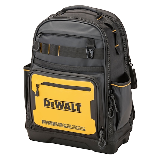DEWALT black and yellow backpack with multiple compartments and water-resistant front pocket.
