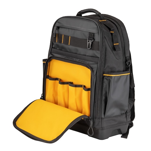 Black and yellow DEWALT backpack with open front pocket showing interior tool slots and compartments.