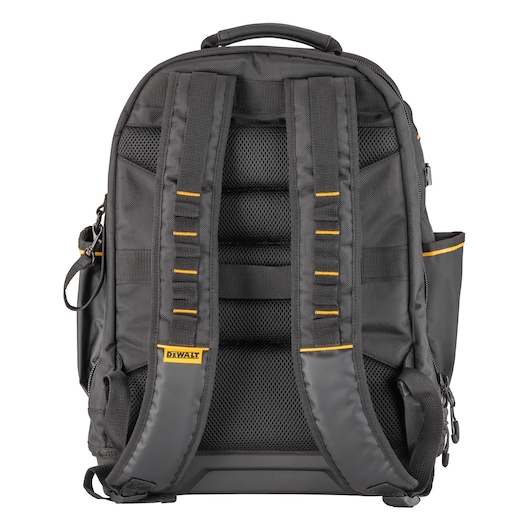 Rear view of a black DEWALT backpack with padded straps and yellow trim, designed for carrying tools or accessories.