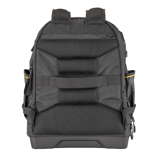 Rear view of a black DEWALT backpack with padded straps, mesh, and side pockets, suitable for tool or gear storage.