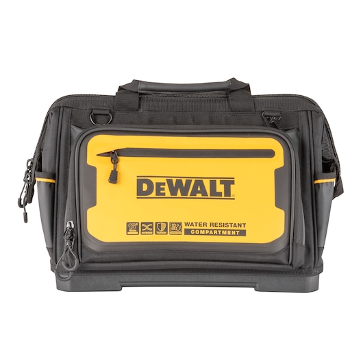 DEWALT black and yellow tool bag with water resistant compartment and zippered pockets.