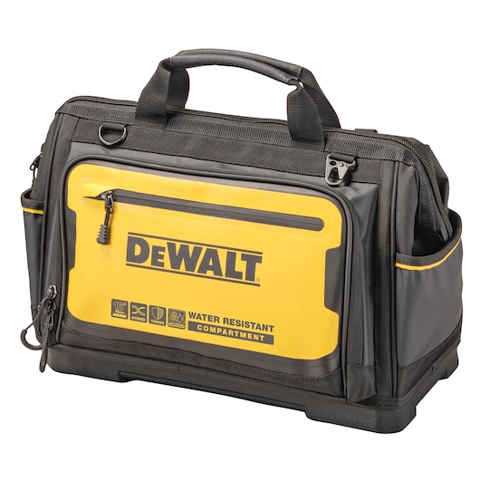DEWALT black and yellow tool bag with water resistant compartment and side pockets.