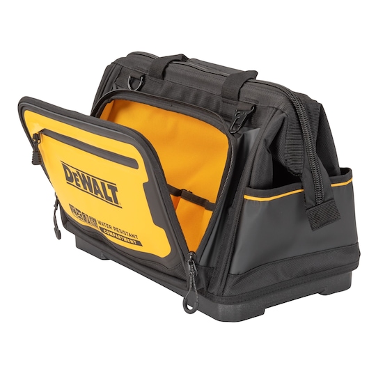 DEWALT black and yellow tool bag with zippered, water-resistant front compartment and side pockets.