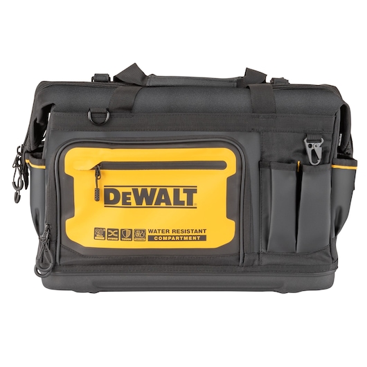 DEWALT black and yellow tool bag with water-resistant compartment and multiple pockets, front logo visible.