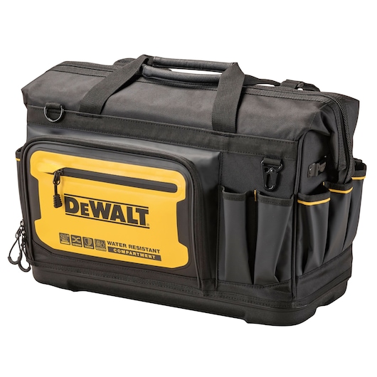 DEWALT black and yellow tool bag with water-resistant compartment and multiple pockets for tools.