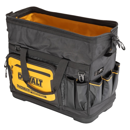 DEWALT black and yellow tool bag with multiple pockets and zippered compartments, suitable for carrying equipment.