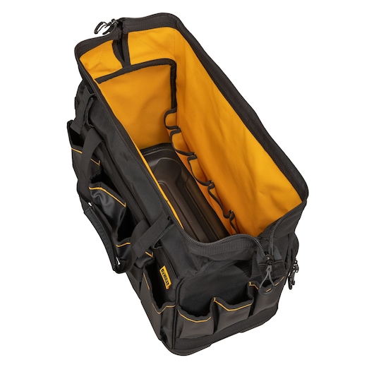 Open DEWALT tool bag with yellow interior, multiple pockets, and a black exterior for organizing photography gear.