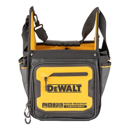 DEWALT black and yellow water-resistant compartment bag with shoulder strap and handle.