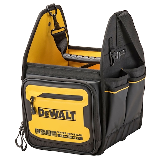 DEWALT tool bag with water resistant compartment, multiple pockets, and yellow-black design.