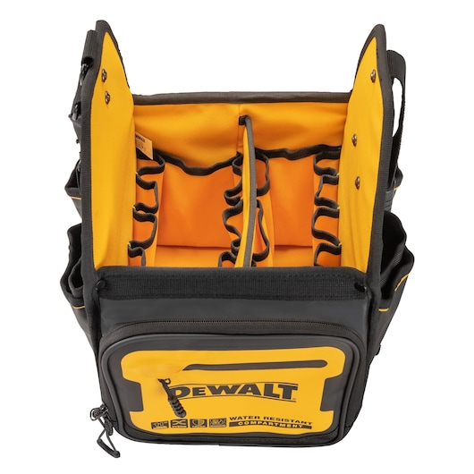 DEWALT tool bag with yellow interior, multiple compartments, and exterior pocket. Water resistant compartment shown.