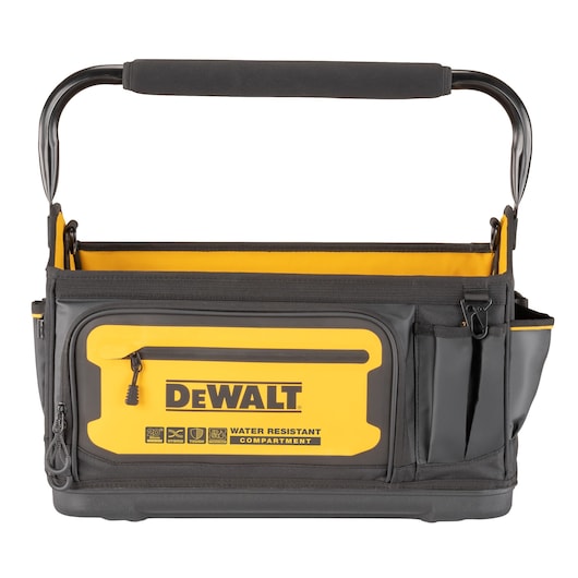 DEWALT open tool bag with yellow front zip pocket, side slots and padded metal handle.