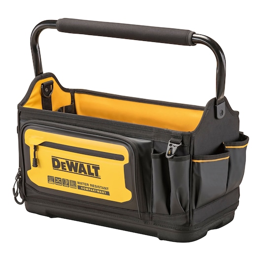 DEWALT black and yellow open tool bag with pockets, handle, and water resistant compartment.