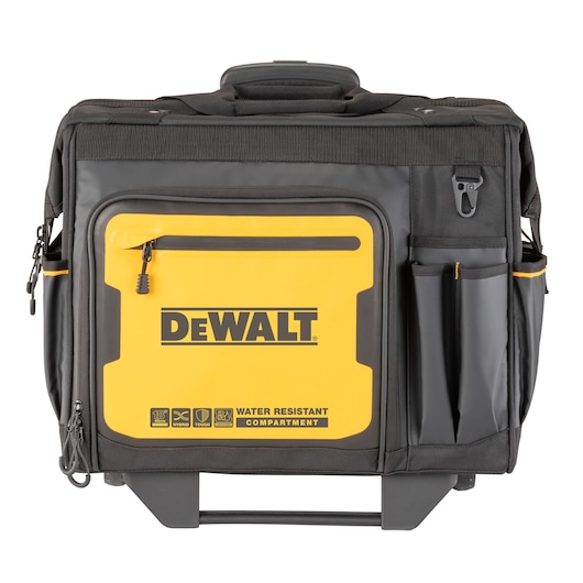 DEWALT black and yellow tool bag with water-resistant compartment and multiple pockets, front view.