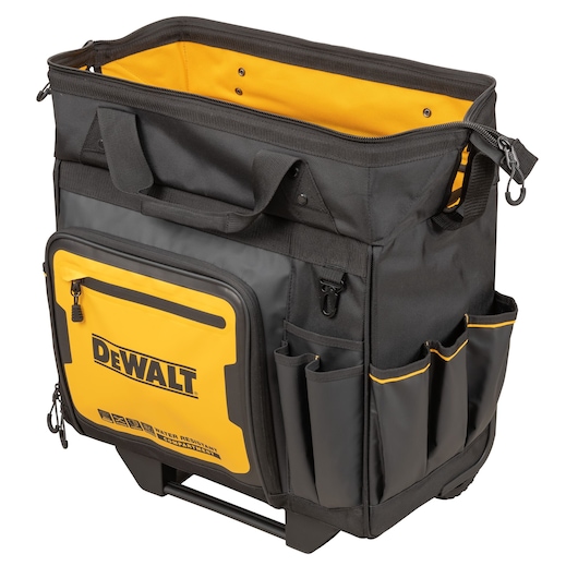 DEWALT black and yellow tool bag with outer pockets and handles. Suitable for carrying tools and accessories.