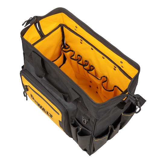DEWALT black and yellow tool bag with multiple inner and outer pockets, shown open from above.