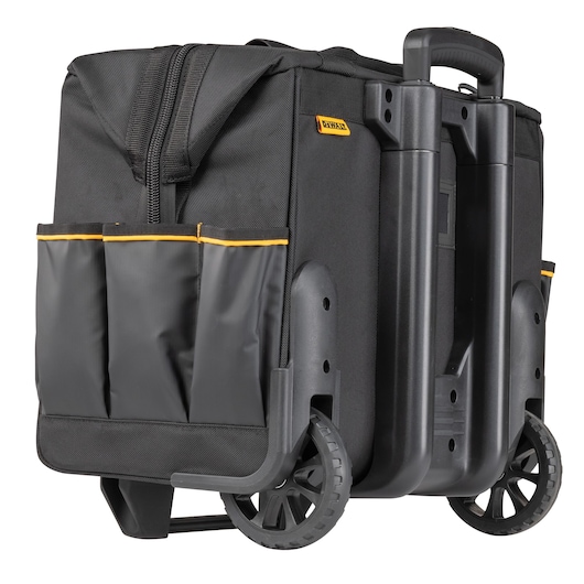 DEWALT rolling tool bag with wheels, a telescopic handle, and exterior pockets. Durable black design.
