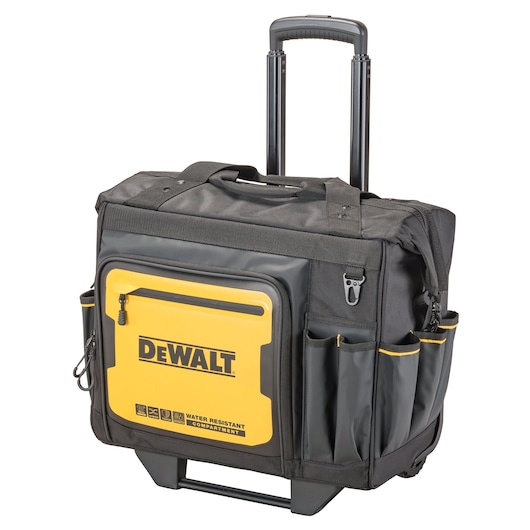 DEWALT black and yellow rolling tool bag with handle and multiple pockets, water resistant front compartment.
