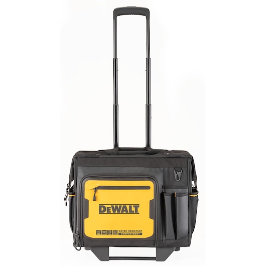 DEWALT rolling tool bag with telescopic handle and yellow front pocket, water-resistant for storage.