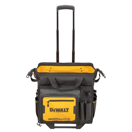 DEWALT black and yellow rolling tool bag with extendable handle and front pocket.