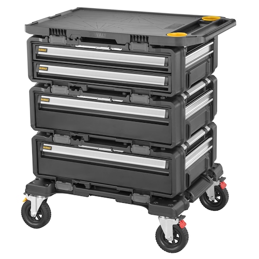 DEWALT rolling storage cart with four black drawers and wheels for tool organization.