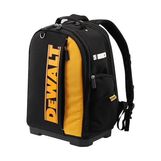 DEWALT black and yellow tool backpack with multiple compartments and carrying straps.