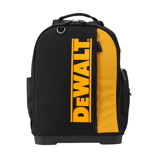 Black and yellow DEWALT backpack with bold logo, sturdy handle, and zippered compartments, front view.