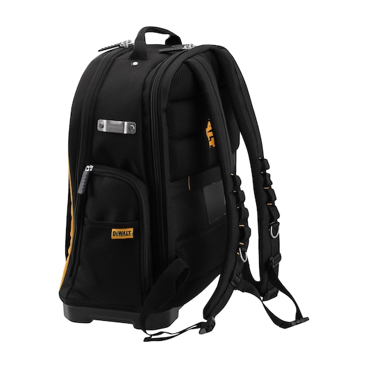 Black DEWALT backpack with padded straps, multiple pockets, and reinforced base, shown angled on a white background.