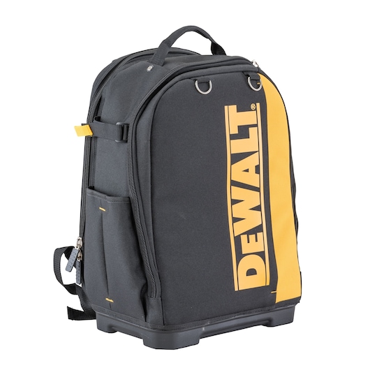 Black and yellow DEWALT tool backpack with sturdy base and side pocket, designed for carrying tools.