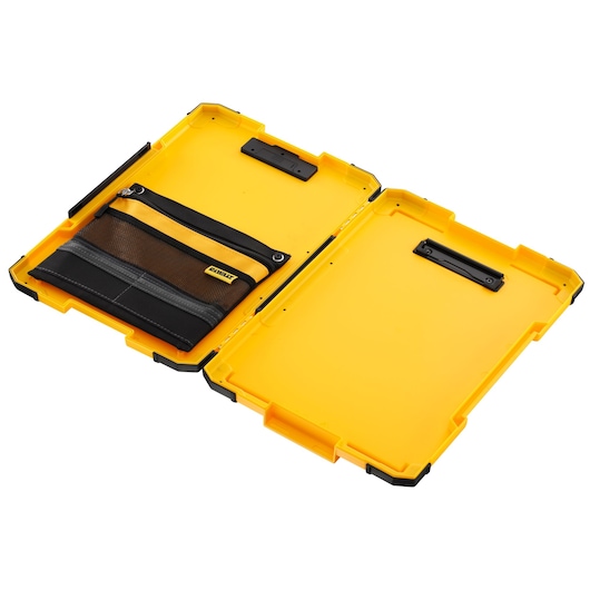 Open yellow DEWALT case with mesh pocket, black and yellow accents, used for tool or accessory storage.