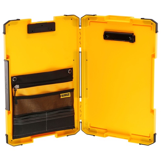 Yellow DEWALT case open, showing interior pockets and compartments for storage and organization.