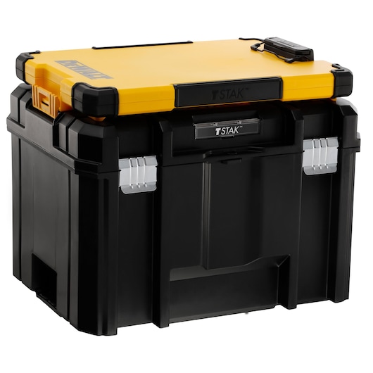 A sturdy black and yellow DEWALT TSTAK tool storage box with a latch and handle on top, designed for organizing and transporting tools.