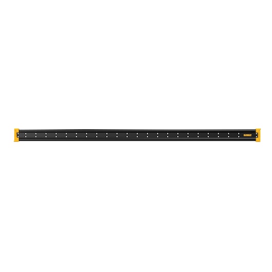 DEWALT black metal wall-mounted tool organizer rail with yellow ends.