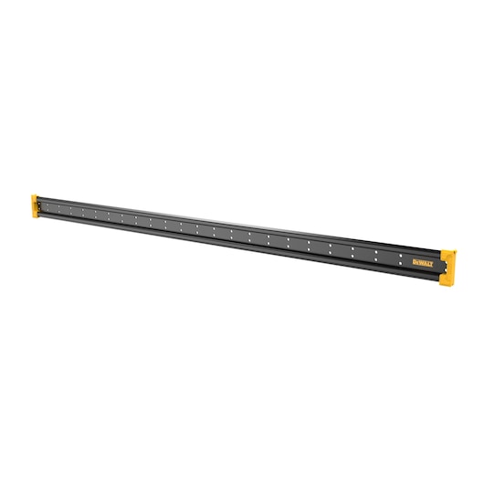 DEWALT black metal rail with yellow end caps, used for tool mounting and organization.