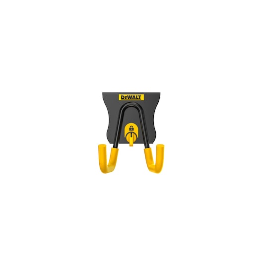 DEWALT DWST82805 wall-mounted hook with yellow-coated arms for organizing tools or equipment.