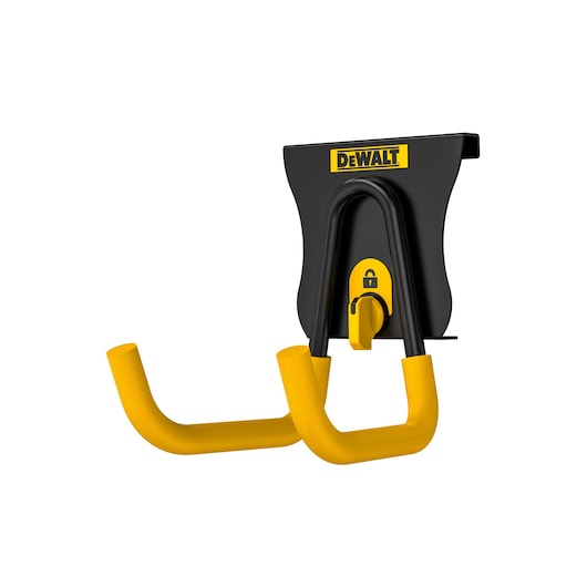 DEWALT wall mount double hook with yellow padding and locking mechanism, designed for organized storage.