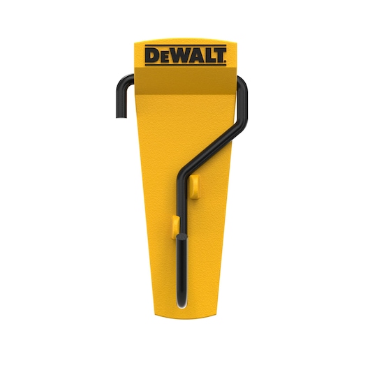 Yellow DEWALT wall mount hook for tool storage, features black metal hook and branded top. Vertical orientation.