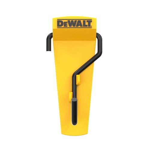 Yellow DEWALT wall hook with black metal holder for tool storage, vertical design.
