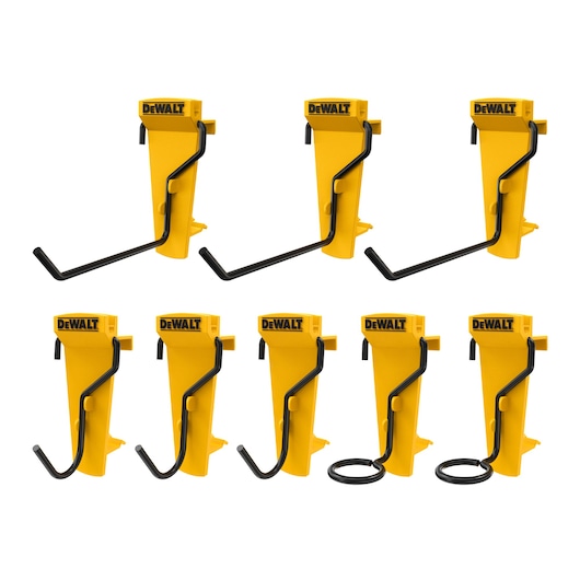 Eight yellow DEWALT wall hooks with black metal arms, shown on a white background.