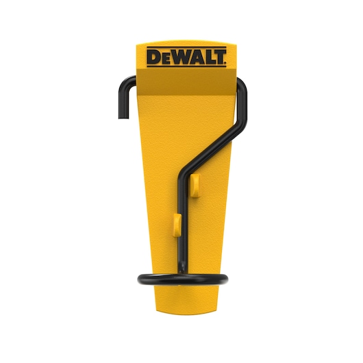 Yellow DEWALT camera holder with angled black metal hook for mounting equipment.