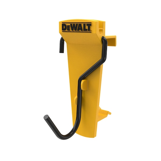 Yellow DEWALT wall hook with a black metal arm for tool or accessory storage.