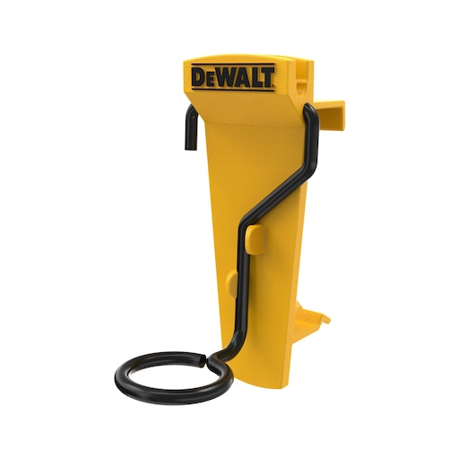 Yellow DEWALT camera or tool holder with black metal loop design on a white background.