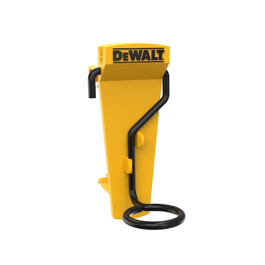 Yellow DEWALT tool holder with black metal ring, designed for attaching accessories to tool belts or bags.