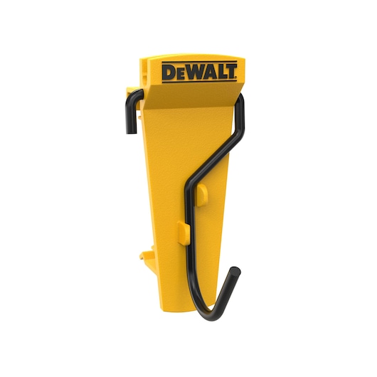 Yellow DEWALT wall hook with black metal arm for tool storage, shown on a white background.