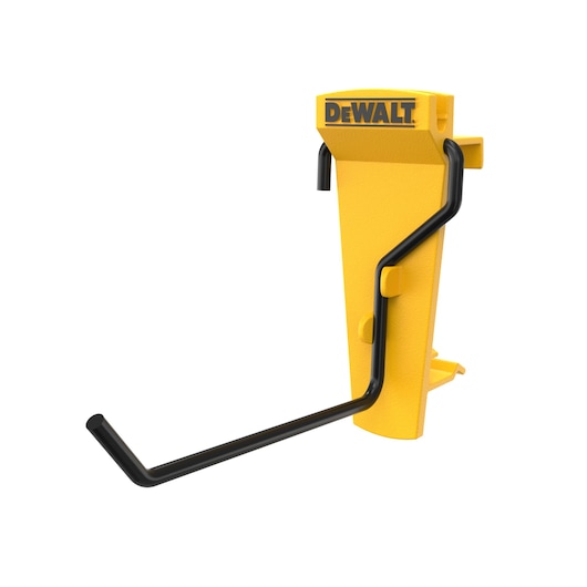 DEWALT yellow wall mount hook with black metal arm for tool storage.