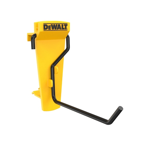 Yellow DEWALT wall hook with black metal arm for tool storage or hanging items.