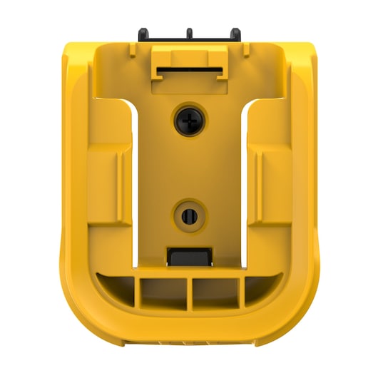 Yellow DEWALT battery adapter accessory shown upright with visible mounting points, rectangular shape.