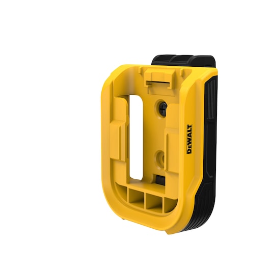 Yellow DEWALT wall mount bracket for tool storage, shown at an angle on a white background.