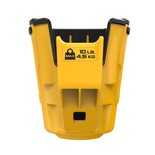 Yellow DEWALT bucket accessory, max load 10 lb (4.5 kg), sturdy plastic, black accents, front view.